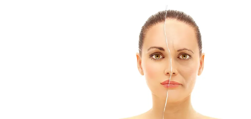 Retrato de una mujer con un lado del rostro joven y el otro envejecido, que ilustra la edad como un factor de riesgo importante del Alzheimer