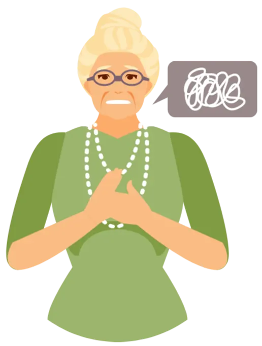 Ilustración de una mujer mayor preocupada luchando con la memoria y las tareas diarias, reflejando los síntomas de la enfermedad de Alzheimer