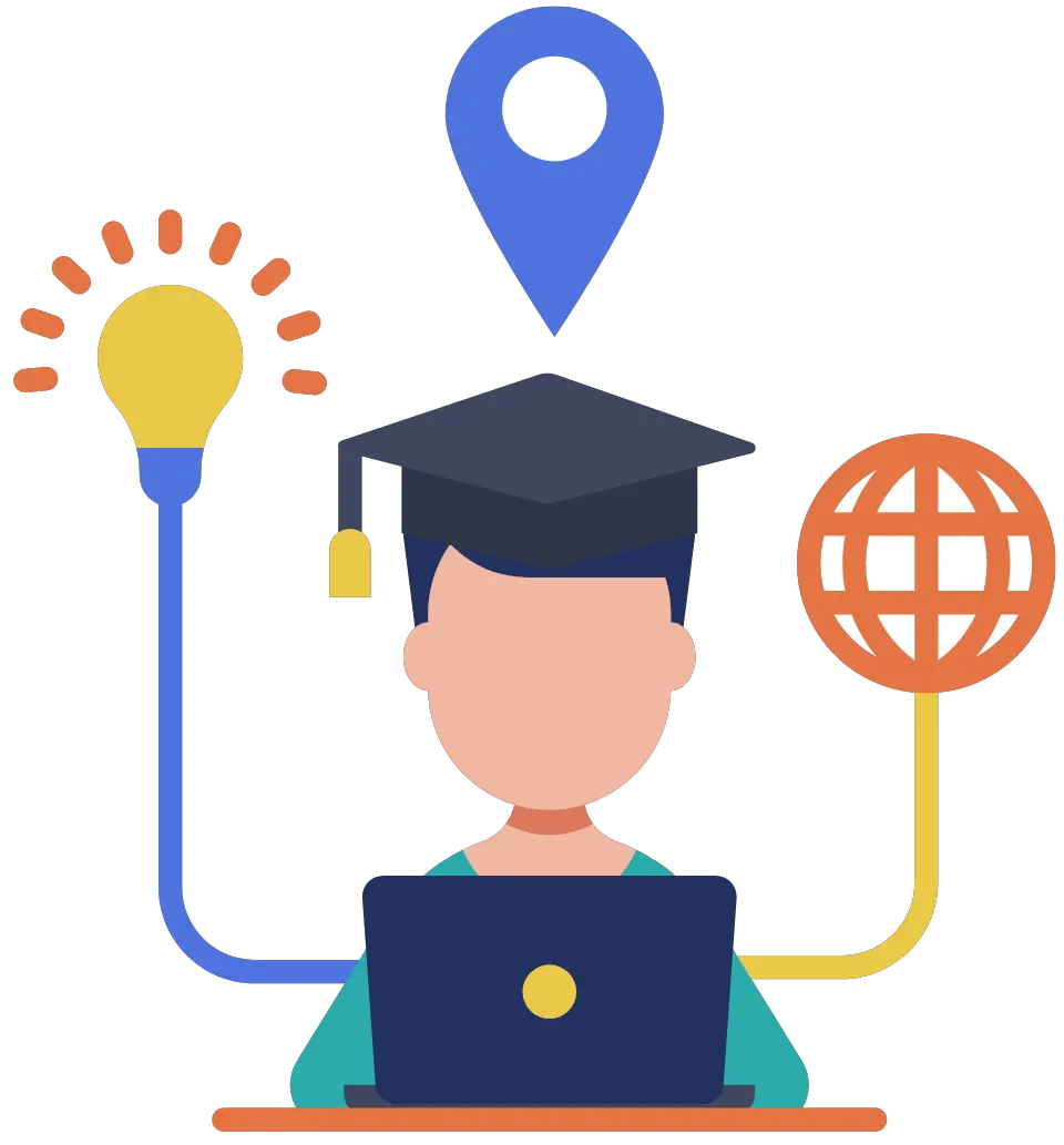 Illustration of a person with a graduation cap using a laptop, representing becoming an educated caregiver