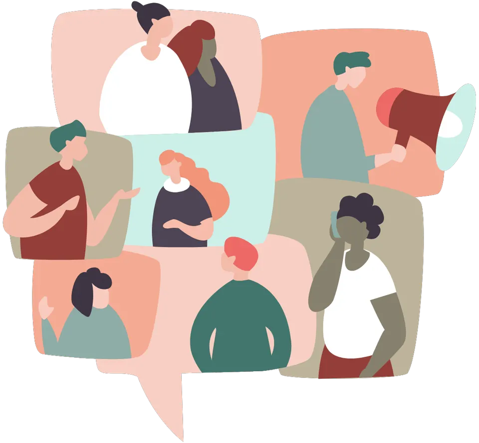 Graphic of people forming a speech bubble symbolizing accessing community resources and support networks