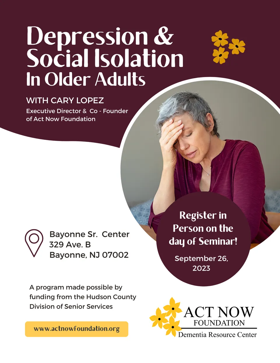 Flyer promocional de un seminario de educación sobre demencia de Act Now Foundation
