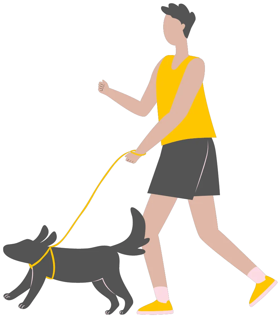 Graphic of a person jogging with a dog, representing taking care of personal health and exercise