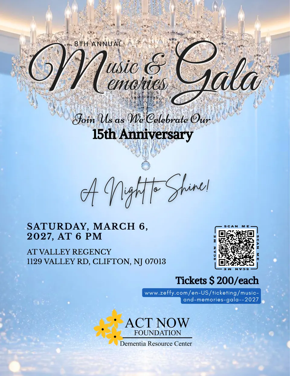 Folleto de la 8ª Gala Anual Music & Memories: Sábado, 6 de marzo de 2027 en Valley Regency, Clifton, NJ